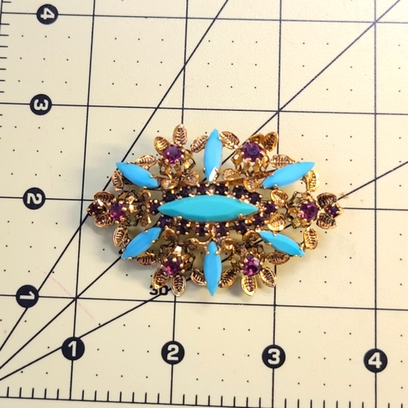 Vintage AUSTRIA Turquoise Rhinestone Brooch Purple Crystal Pin Ornate Antique - Picture 7 of 16
